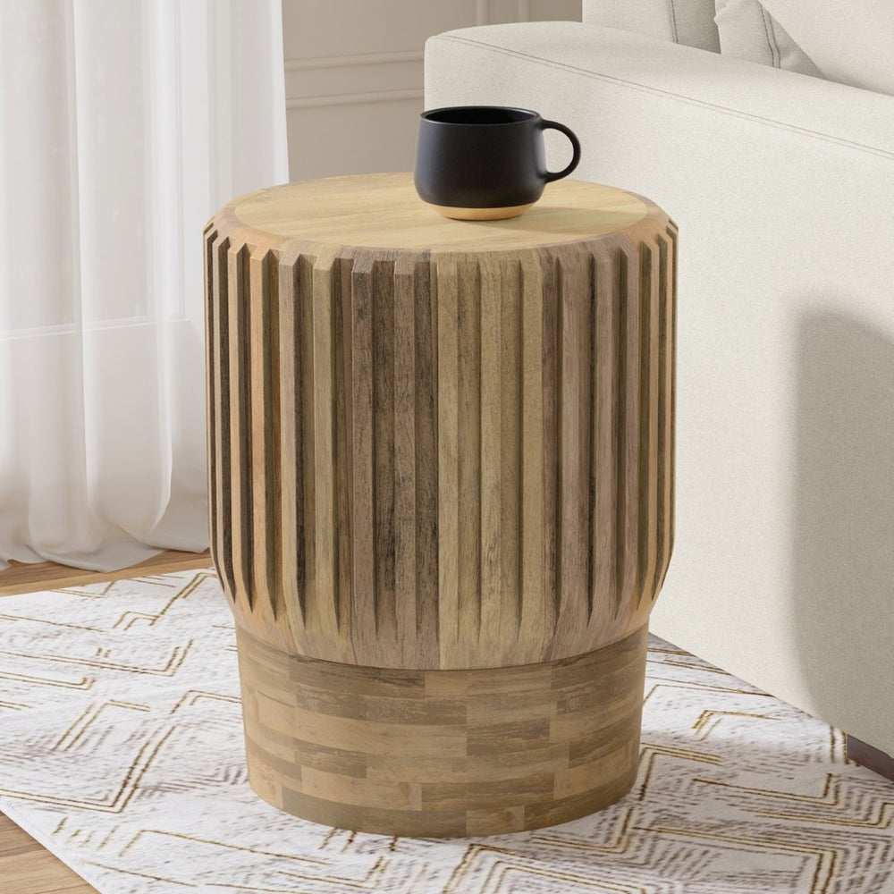 English Elm Lyall Solid Mango Wood Round Side Table with Fluted Column Design for Any Room B136P419901