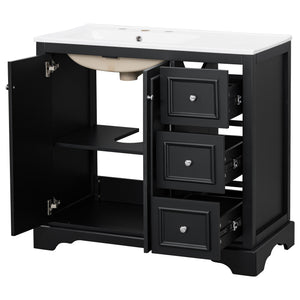 English Elm 36'' Transitional Bathroom Vanity with Ceramic Sink, Solid Wood Frame, Adjustable U-Shelf & Soft-Close Doors Black N729P292966B