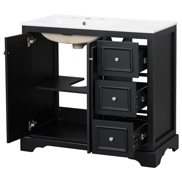 English Elm 36'' Transitional Bathroom Vanity with Ceramic Sink, Solid Wood Frame, Adjustable U-Shelf & Soft-Close Doors Black N729P292966B