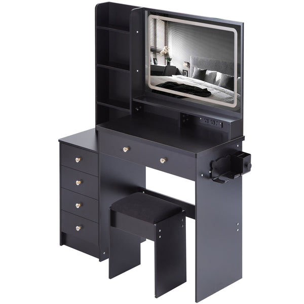 English Elm 41" Large Vanity Table Set With Cushioned Stool, Led Touch Mirror, Power Station & Dryer Stand W936P230831