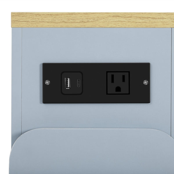 English Elm TREXM Extendable Dining Table with LED Light Strip, Built-In USB/Type-C Outlet, Rolling Space-Saver Cabinet Grey-Blue,Natural XW000024AAE