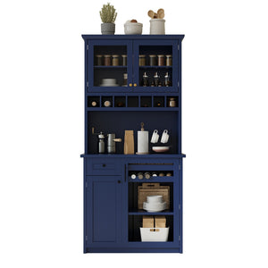 English Elm Topmax Farmhouse Buffet Hutch with Wine Rack Shaker Glass Pantry Cabinet Blue N717P327043C