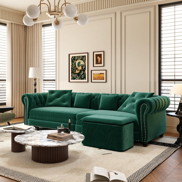 English Elm Chesterfield 3-In-1 Convertible Sleeper Sofa Bed With Movable Ottoman & Pillows - Stylish Green Velvet W1885S00176