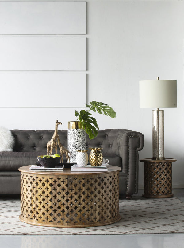 English Elm 16x16x35" Gold Mirrored Table Lamp with White Drum Shade — Transitional Glam Light for Living Rooms W2078P324075