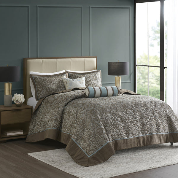 English Elm 5 Madison Park Aubrey Reversible Jacquard Bedspread Set Queen in Blue Taupe with Quilted Shams & Pillows B03597489