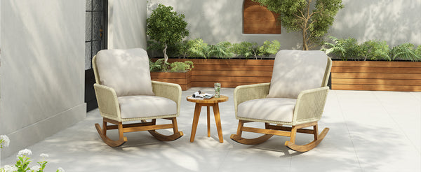 English Elm Christopher Knight Home® - Modern 3-Piece Outdoor Seating Set with Cushioned PE Rattan Rocking Chairs and Wood Accent Table, Chic Patio Retreat Ivory N767P229004C002_63163.00