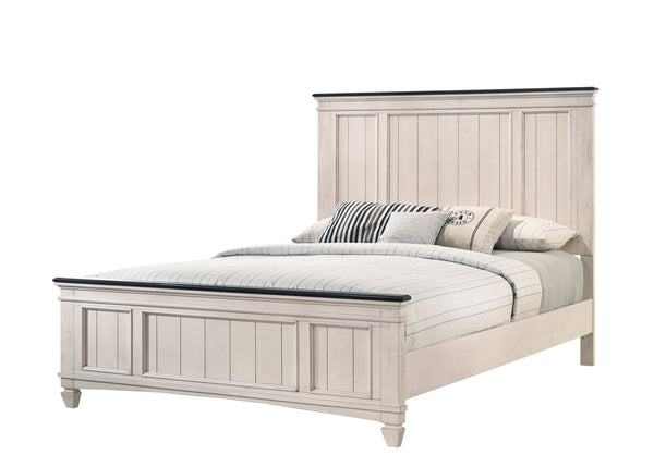 English Elm 1pc Rustic Industrial Queen Panel Bed with Cutout Headboard and Bench-Style Footboard, Solid Wood Finish Beige+Brown 69.5 L x 40.25 W x 6.15 H B011S01346