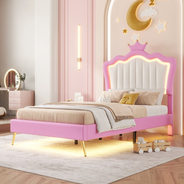 English Elm Twin Size Upholstered Bed Frame With Crown Headboard & Led Lights - Modern Pink & White Princess Style W2770P190377-GIGA