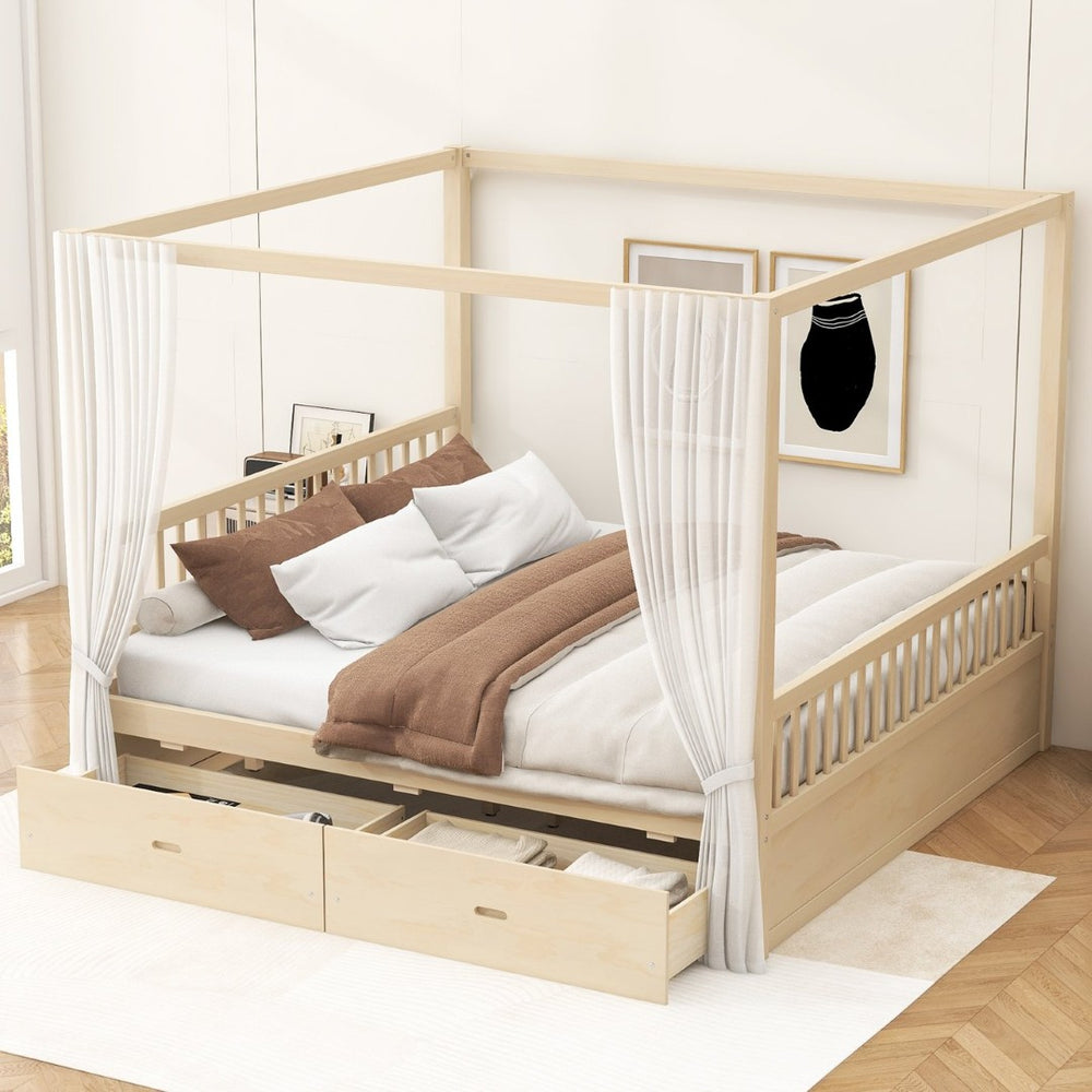 English Elm Wooden Canopy Queen Bed Solid Frame with Built-in Storage Drawers Slatted Base Natural N7090005036N