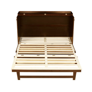 English Elm Queen Size Murphy Bed - Stylish Walnut Pine Cabinet With Rattan Accents & Full-Width Storage Drawer W504S00231-GIGA