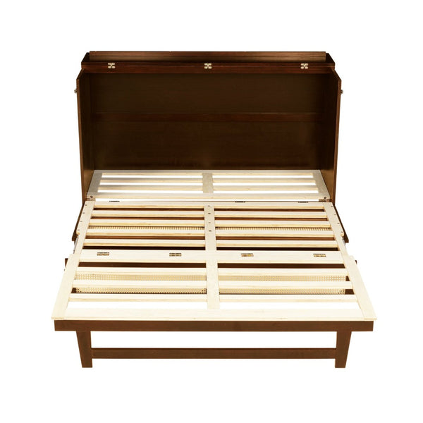 English Elm Queen Size Murphy Bed - Stylish Walnut Pine Cabinet With Rattan Accents & Full-Width Storage Drawer W504S00231-GIGA