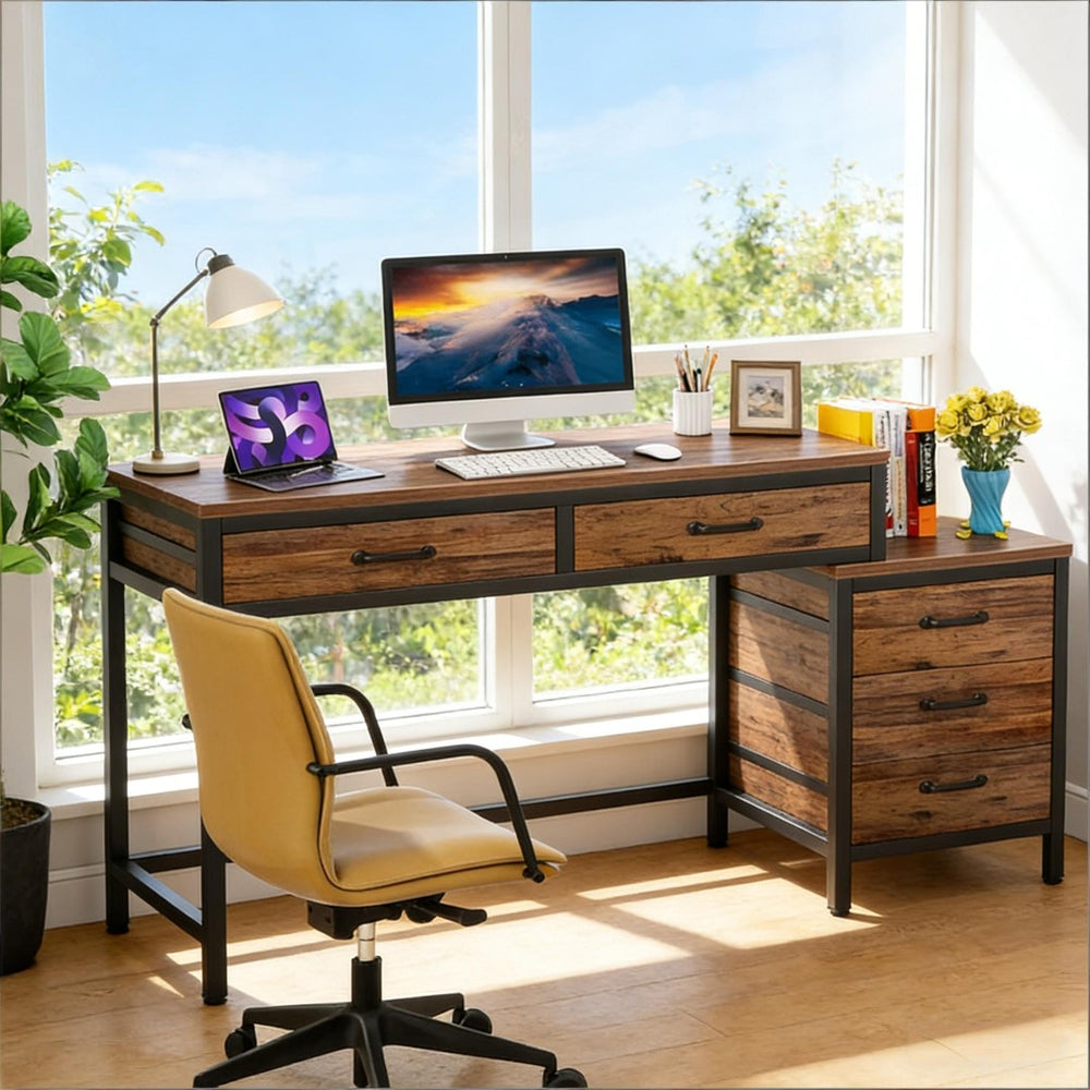 English Elm Industrial Writing Desk with File Cabinet Five Drawers Rustic Brown Home Office T3971P449902