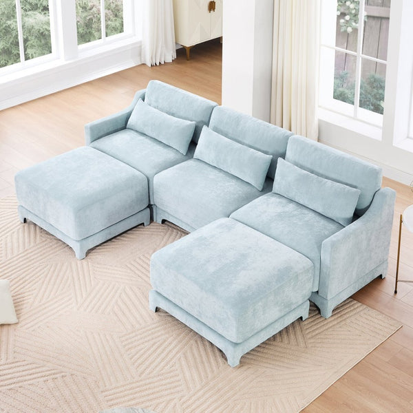 English Elm Three-Seater Sofa With Movable Ottomans & Lumbar Pillow - Elegant Sky Blue Chenille Design For Comfort W714S01208-GIGA