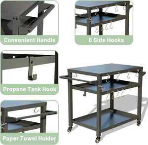 English Elm 3-shelf Outdoor Grill Cart with Locking Wheels Powder-coated Metal Bbq Prep Station W1859P191827