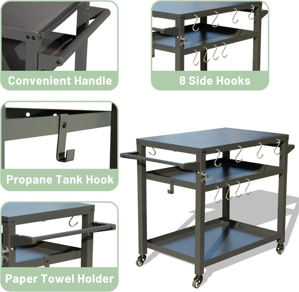 English Elm 3-shelf Outdoor Grill Cart with Locking Wheels Powder-coated Metal Bbq Prep Station W1859P191827
