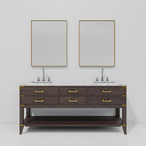 English Elm Brown Oak Double Bath Vanity With Carrara Marble Top, Chrome Faucets & 34" Mirrors - Luxurious Design B2731S01896