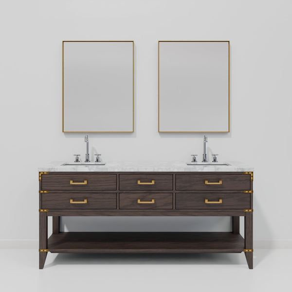 English Elm Brown Oak Double Bath Vanity With Carrara Marble Top, Chrome Faucets & 34" Mirrors - Luxurious Design B2731S01896