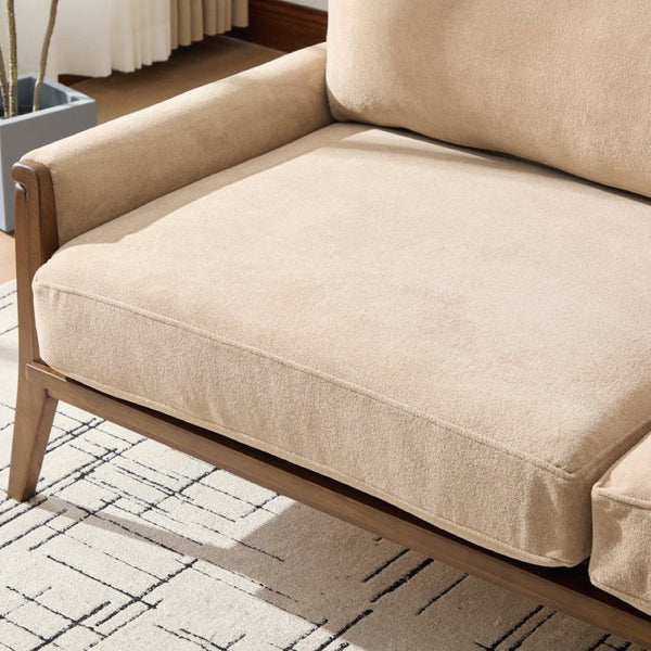 English Elm Mid-century Modern Boucle Upholstered Three Seat Sofa with Walnut Finish Wood Legs Camel N773P411407N