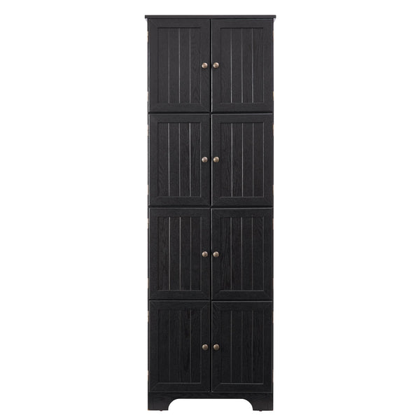 English Elm 72.4" Tall Storage Cabinet with 8 Doors and 4 Shelves, Elegant Oak Finish Freestanding Organizer for Entryway Black W1758P300141