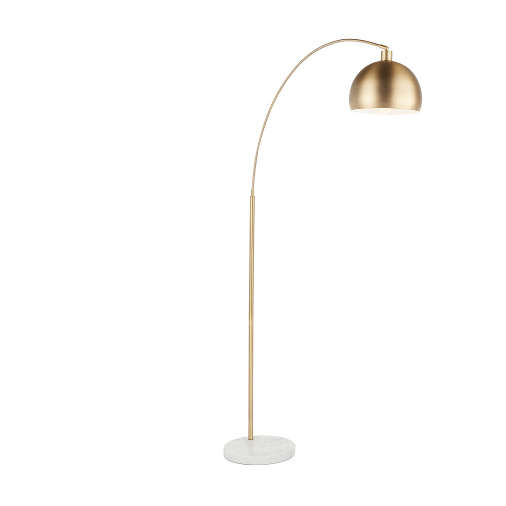 English Elm March Floor Lamp with White Marble Base & Antique Brass Arc—Contemporary Half-Globe Light, UL Listed B202S01390