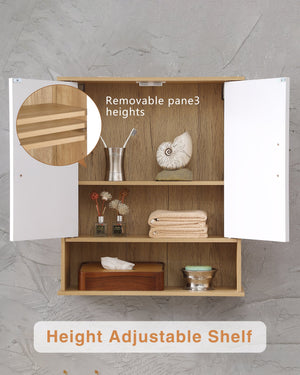 English Elm Bathroom Wall Cabinet White & Natural Wood with Wavy Doors, Adjustable Shelf, Bottom Storage, Easy Install W3151P288945