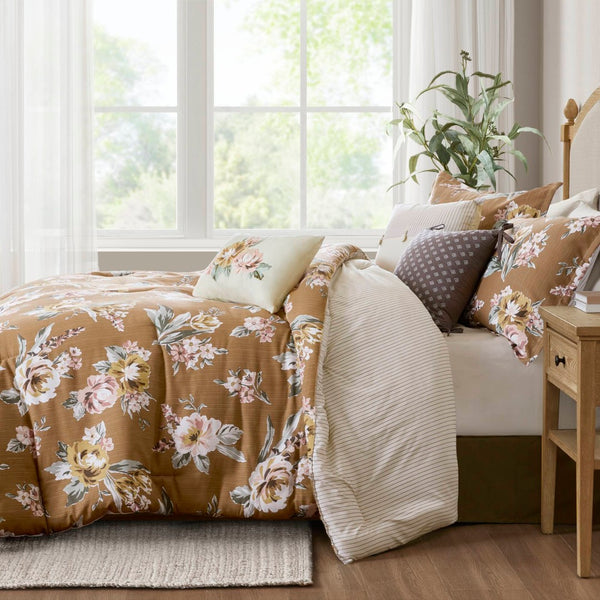 English Elm 7-piece King Reversible Floral Comforter Set Earthy Cotton Blend Bohemian Bedroom B035P440210