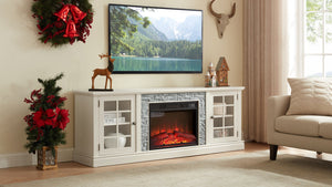 English Elm 70" Modern TV Stand with 23" Electric Fireplace, Faux Stone Mantel, Ample Storage & Cable Management White W2275S00022