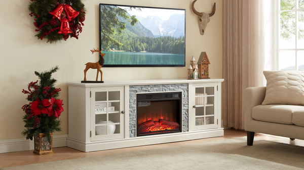 English Elm 70" Modern TV Stand with 23" Electric Fireplace, Faux Stone Mantel, Ample Storage & Cable Management White W2275S00022