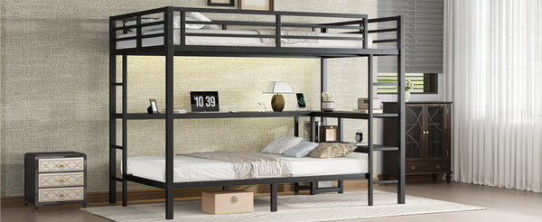 English Elm Full Over Twin Bunk Bed With Integrated Desk, Led Lighting & Usb Ports, Versatile Black Metal Design W1580S00127
