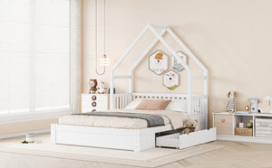 English Elm Wood Queen Size House Platform Bed with Guardrail and 2 Drawers — Charming Kids’ Playful Storage Bedframe White GX000726AAK