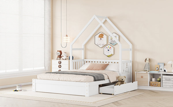 English Elm Wood Queen Size House Platform Bed with Guardrail and 2 Drawers — Charming Kids’ Playful Storage Bedframe White GX000726AAK