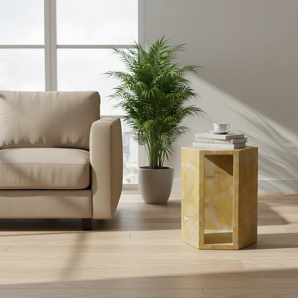English Elm Genuine Solid Marble Hexagonal Pedestal End Table Polished Stone for Modern Living Gold W1696P407995