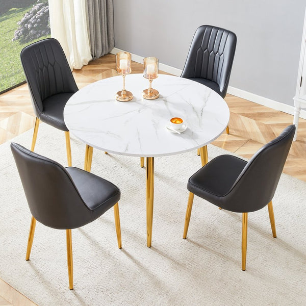 English Elm Table and Chair Set Extendable Round Oval Mdf Top with Gold Legs Four Pu Seats W1151S03952