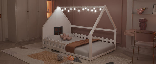 English Elm Full House Bed Frame with Window & Fence Playhouse Design, Sturdy Pine/MDF, Safe 400lb Capacity White N709P215545K