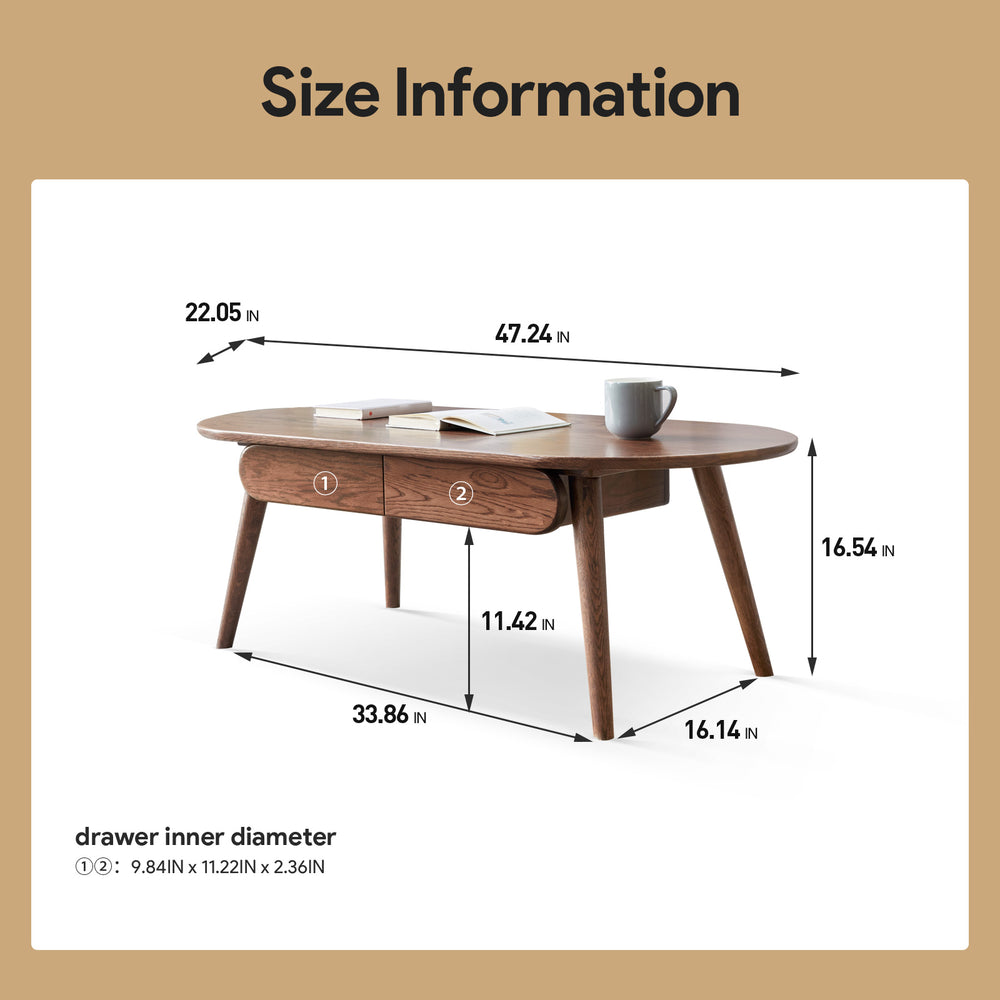 English Elm Capsule Oval Oak Coffee Table with 2 Drawers, Solid FAS Oak, 47"W x 22"D x 17"H, Sturdy 300lb Support W128352267