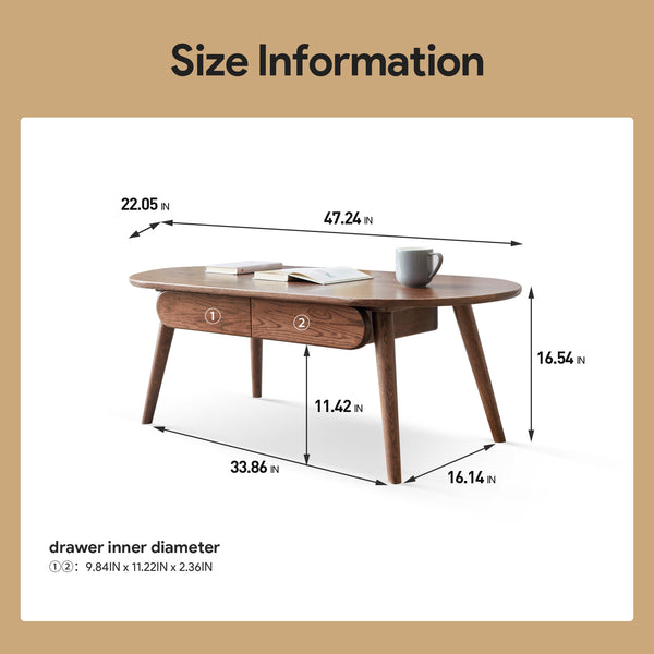 English Elm Capsule Oval Oak Coffee Table with 2 Drawers, Solid FAS Oak, 47"W x 22"D x 17"H, Sturdy 300lb Support W128352267