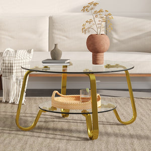 English Elm Retro Industrial Square Coffee Table Dual Tier Tempered Glass and Powder Coated Metal Frame Gold W3875P373155
