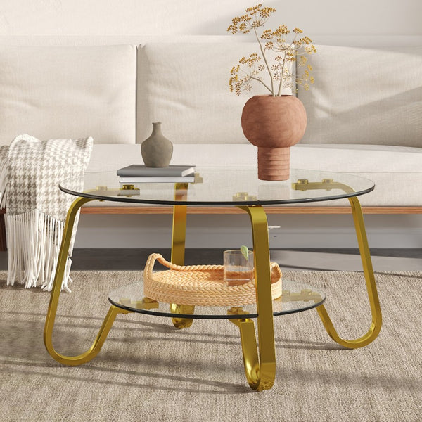 English Elm Retro Industrial Square Coffee Table Dual Tier Tempered Glass and Powder Coated Metal Frame Gold W3875P373155