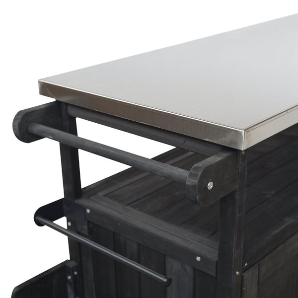 English Elm Foldable Outdoor Kitchen Cart with Stainless Worktop Fir Wood Frame and Lockable Wheels Black N719P380279B