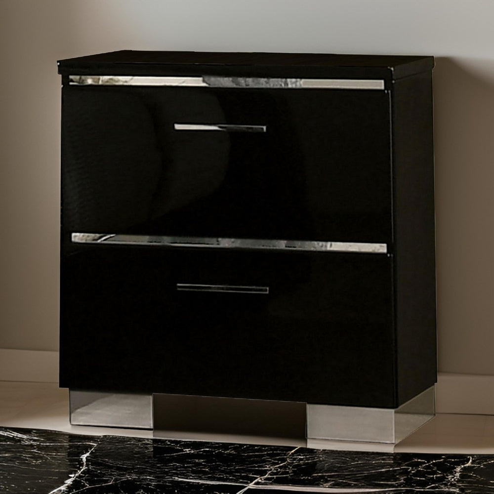 English Elm Wood and Metal Two Drawer Nightstand with Felt Lined Storage for Modern Bedrooms B056P416798