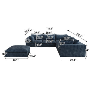 English Elm 118.2" Modular Cloud Sofa Corduroy Upholstered Deep Seat Lounge for Living Room Blue W2824S00156