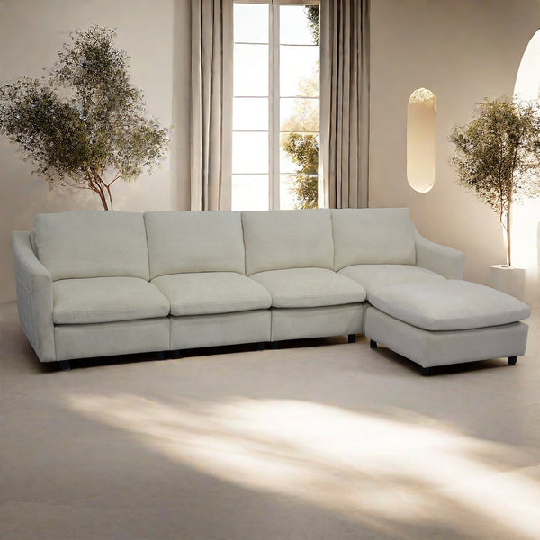 English Elm 4-Seater Modular Cloud Sofa in Beige Fabric with Ottoman, Memory Foam Comfort, Pockets & Pillows W1183S00011