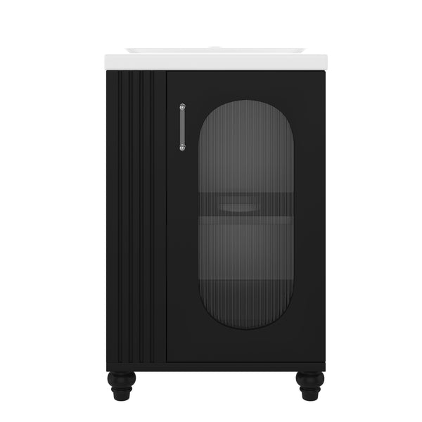 English Elm 20" Bathroom Vanity with Sink Compact Modern Freestanding MDF & Ceramic Undermount Sink Cabinet with Door and Two-Tier Shelf, Toilet Paper Holder, Adjustable Shelf, Sleek Rectangular Design Black N725P246925B