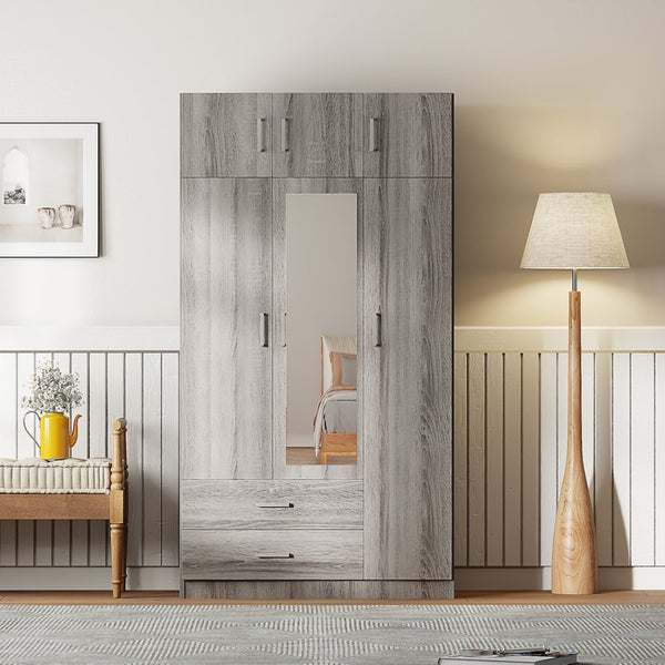English Elm 3-door Mirrored Wardrobe with Full Length Dressing Mirror Drawers and Top Cabinet Gray LP006005AAE