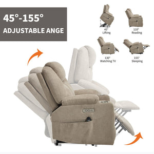 English Elm Up to 350 Lbs Chenille Power Lift Recliner with Massage Heating and Usb Charging Ports Khaki W3224S00026