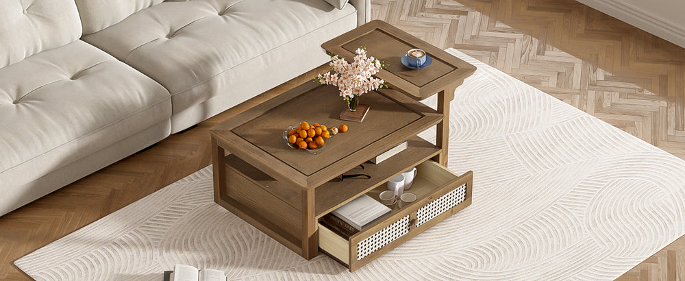 English Elm VIBE Rustic Rattan Coffee Table with 2 Tabletops, Adjustable Shelf and Spacious Drawer for Living Room Dark Brown N724P232190D