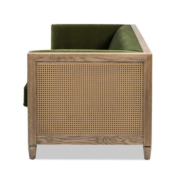 English Elm Jennifer Taylor Home - Georgia 81" Cane Rattan Tuxedo Sofa Olive Green Performance Velvet Solid Oak Frame Removable Cushions B2719P238322
