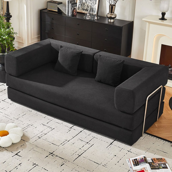 English Elm Convertible Corduroy Floor Sofa with Folding Sleeper and Bolster Pillow for Apartments Black W5638P460678