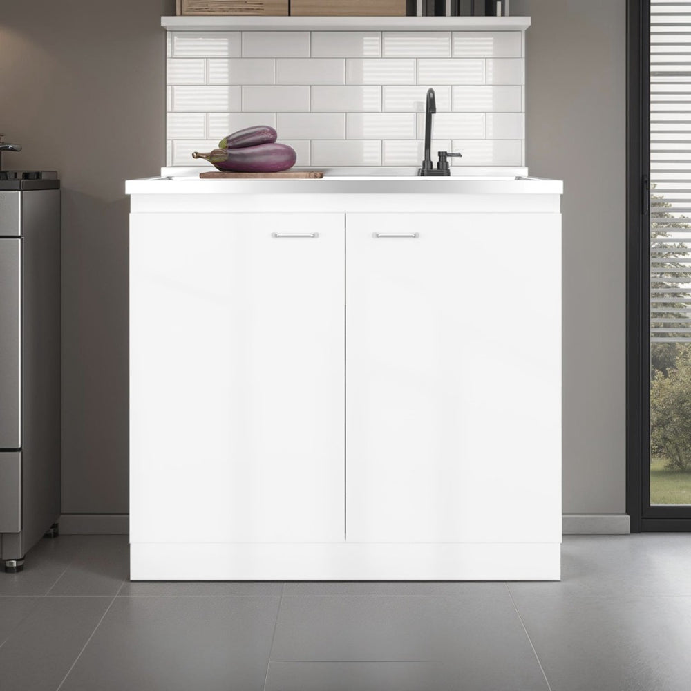 English Elm Utility Sink Base Cabinet with Two Doors Shelved Storage White Oak Laundry Room B097S00257