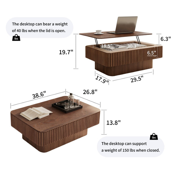 English Elm 38.6'' Fluted Walnut Lift-top Coffee Table with Hidden Storage for Modern Living W1435P380337